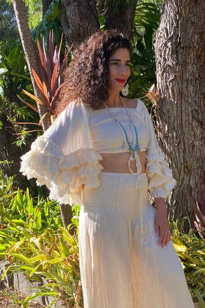 Cheesecloth Shirred Wide Leg Pants