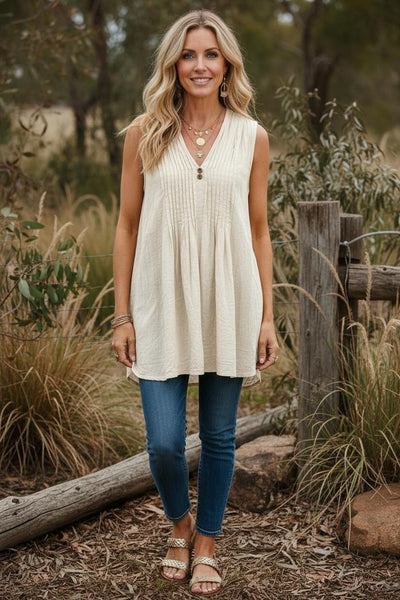 54016016 S-Hills 6016 Sleeveless Cotton Pintucked Blouse KNA