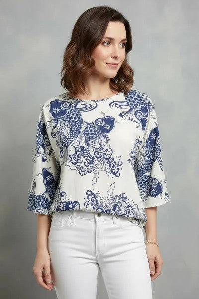 Koi Print Cotton Dolman Blouse