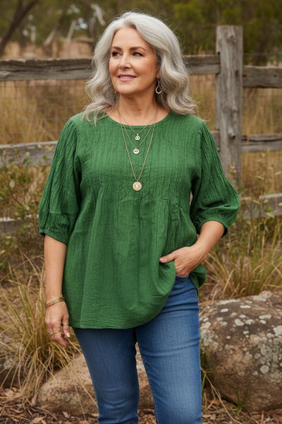 Puff Sleeve Cotton Pintucked Blouse
