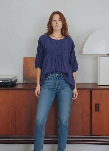 Puff Sleeve Cotton Pintucked Blouse