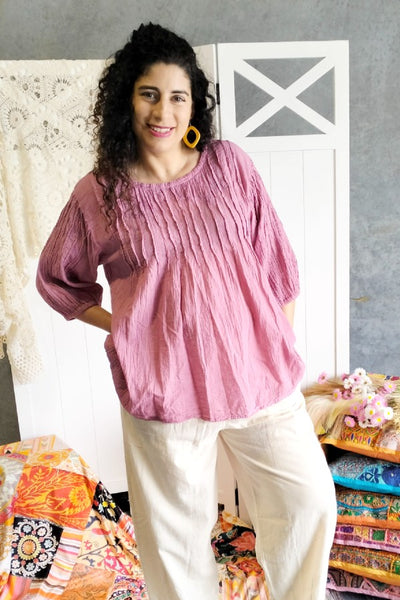 Puff Sleeve Cotton Pintucked Blouse