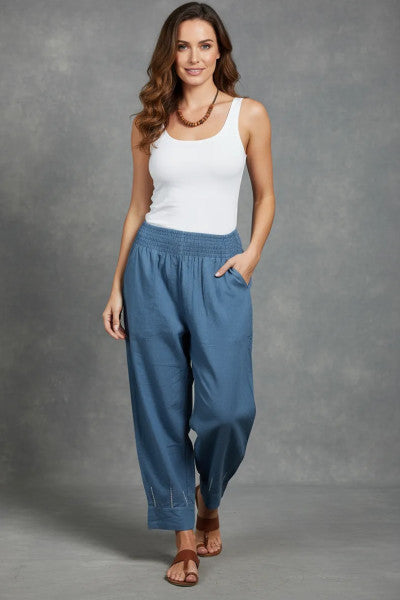 Naturals Cotton Shirred Crop Pant w Top Stitching