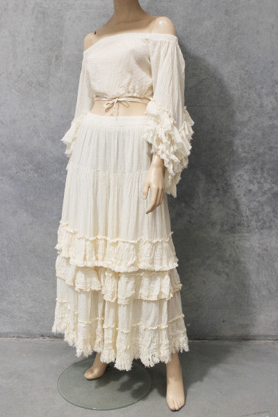 Calico Fringe and Ruffle Trim Maxi Skirt