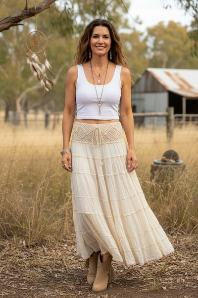 Calico Fringe and Ruffle Trim Maxi Skirt (Copy)