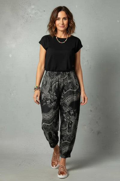 Koi Print Cotton Shirred Crop Pant w Top Stitching
