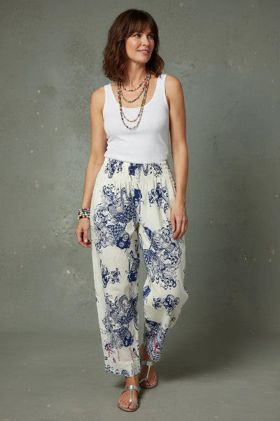 Koi Print Cotton Shirred Crop Pant w Top Stitching