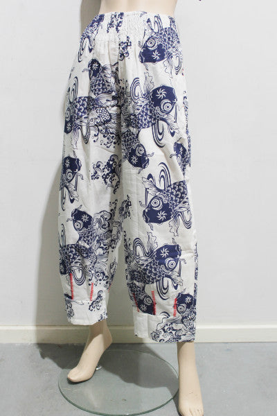 Koi Print Cotton Shirred Crop Pant w Top Stitching