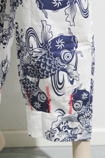 Koi Print Cotton Shirred Crop Pant w Top Stitching