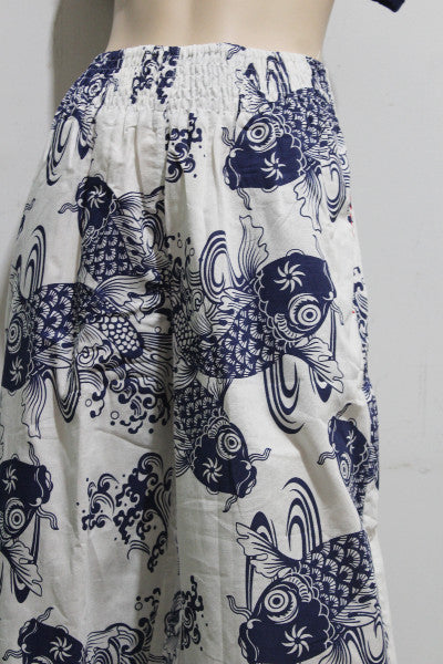 Koi Print Cotton Shirred Crop Pant w Top Stitching