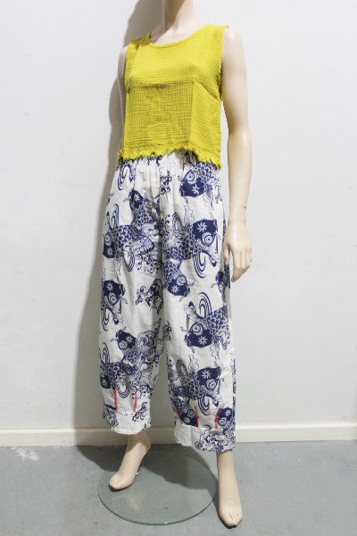 Koi Print Cotton Shirred Crop Pant w Top Stitching