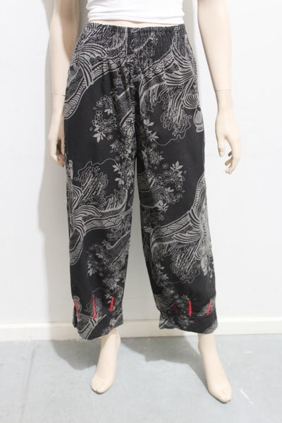 Koi Print Cotton Shirred Crop Pant w Top Stitching