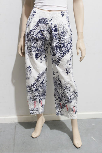 Koi Print Cotton Shirred Crop Pant w Top Stitching