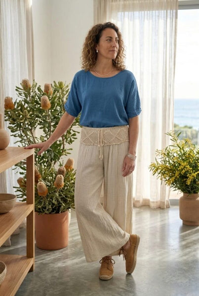 Cheesecloth Crochet Yoke Wide Leg Flares