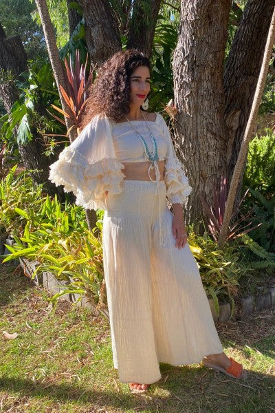 Cheesecloth Shirred Wide Leg Pants