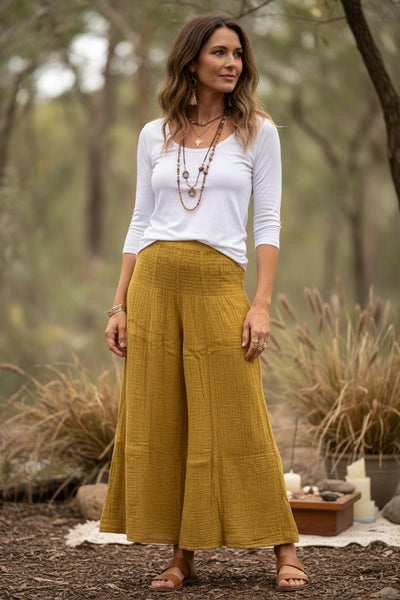 Cheesecloth Shirred Wide Leg Pants