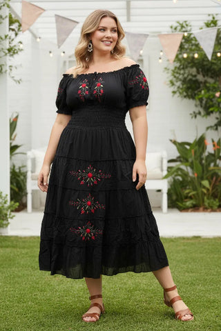 Gypsy Dress With Embroidered Rosebuds