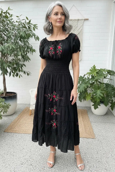Gypsy Dress With Embroidered Rosebuds