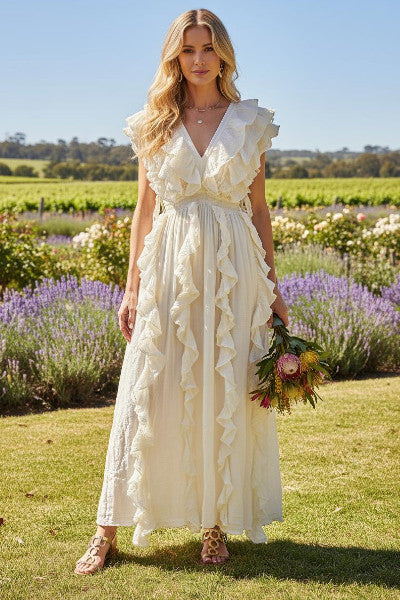 Calico Vertical Ruffle Maxi Dress