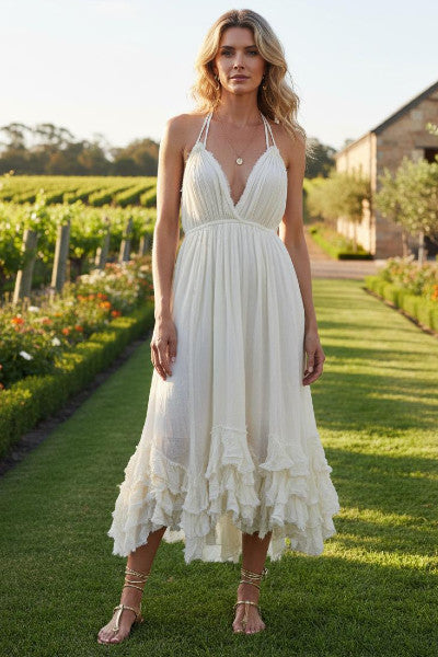 Calico Halter Midi Dress w Bias Ruffles