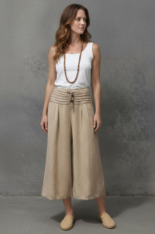 3/4 Cropped Pleated Band Wide Leg Pants