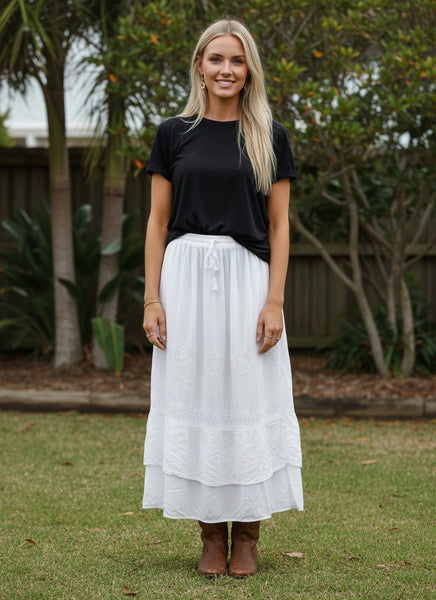 Acid Wash Ruffle Maxi Skirt