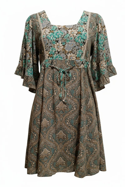 Floral Angel Sleeve Acid Wash Babydoll Dress