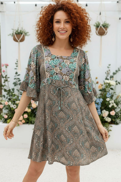 Floral Angel Sleeve Acid Wash Babydoll Dress