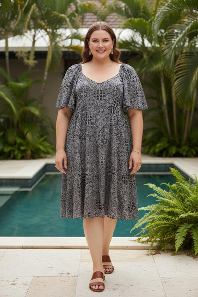 Rayon Crepe Babydoll Dress Flare Sleeve