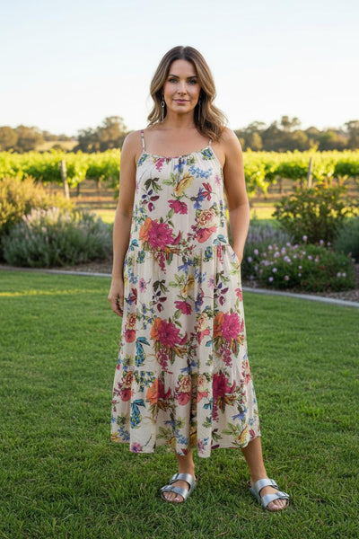 Cottage Crepe Strappy Tier Dress w Pockets