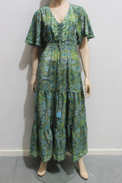 Artsilk Sari Lace Up Front Bell Sleeve Maxi Dress