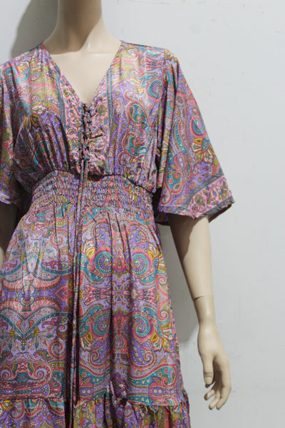Artsilk Sari Lace Up Front Bell Sleeve Maxi Dress