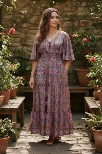 Artsilk Sari Lace Up Front Bell Sleeve Maxi Dress