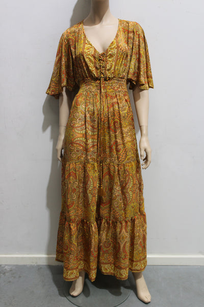 Artsilk Sari Lace Up Front Bell Sleeve Maxi Dress