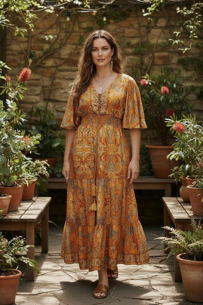 Artsilk Sari Lace Up Front Bell Sleeve Maxi Dress