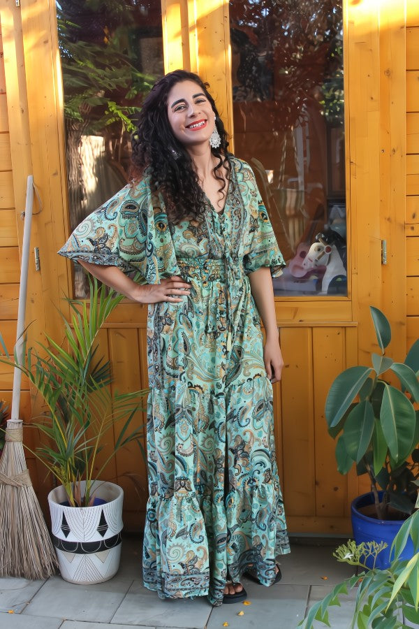 Artsilk Sari Lace Up Front Bell Sleeve Maxi Dress