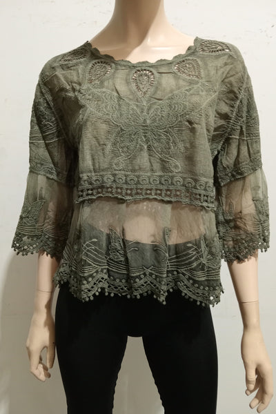 Butterfly Embroidered Tulle Blouse