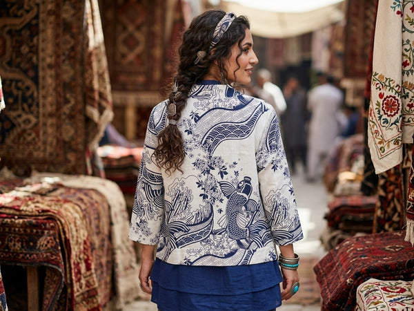 Koi Print Short Cotton Jacket