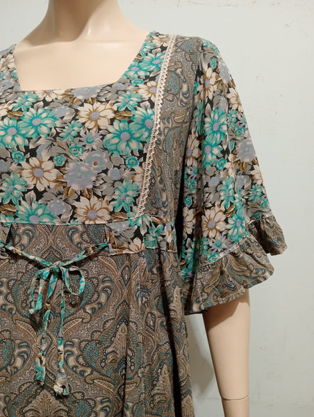 Floral Angel Sleeve Acid Wash Babydoll Dress