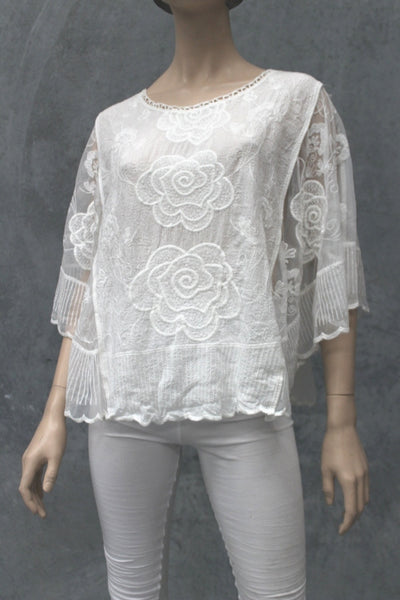 Rose Embroidered Tulle Poncho Top