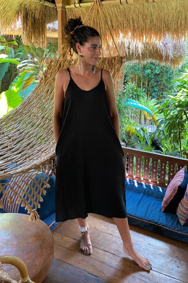 Linen Mix Slip Dress With Pockets
