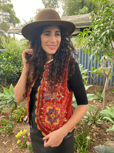 Persimmon Velvet Embroidered Waistcoat