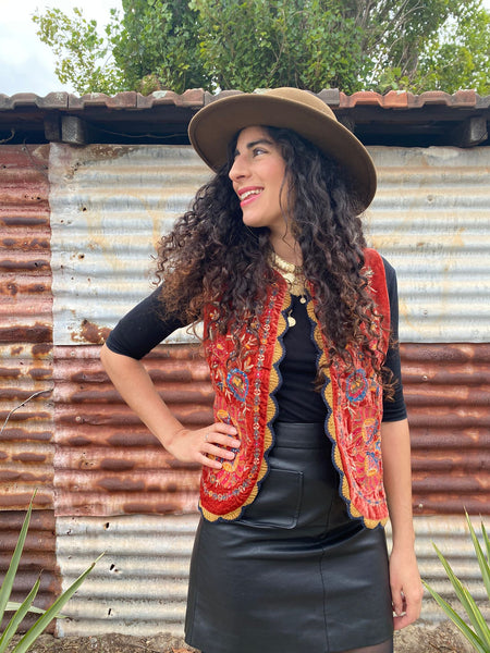 Persimmon Velvet Embroidered Waistcoat