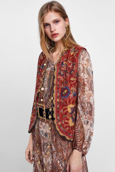 Persimmon Velvet Embroidered Waistcoat