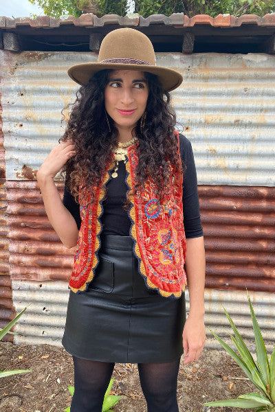 Persimmon Velvet Embroidered Waistcoat